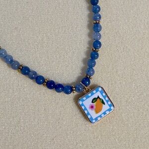 Cute Cottage Core Blue Aventurine Beaded Necklace With Square Enamel Lemon Charm